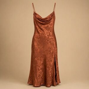 Cider Floral Jacquard XL Satin Cowl Neck Slip Dress Rust Copper Midi Cocktail